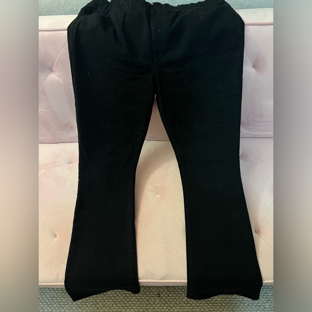 Black Denim Rhinestone Elastic Waist Jeans